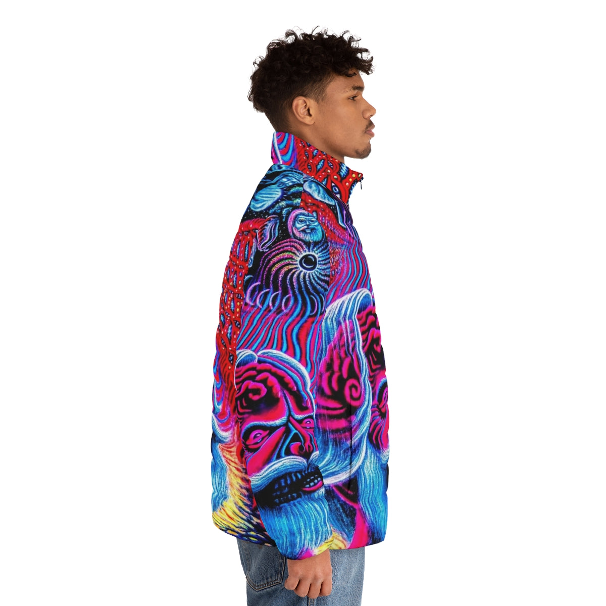 Psychedelic rock puffer jacket featuring Alex Grey's iconic artwork - men side right