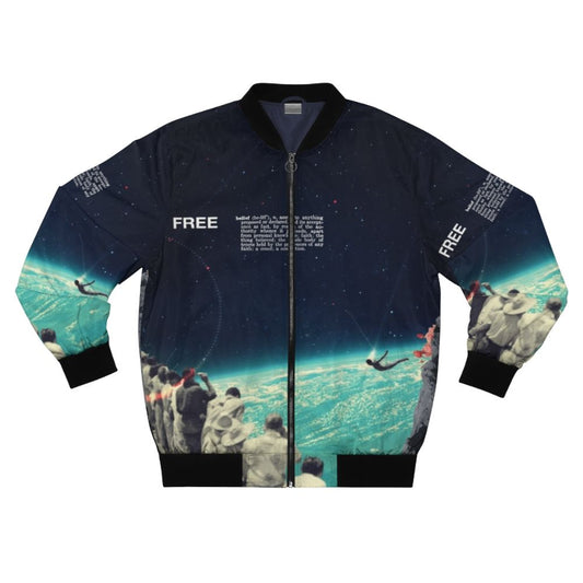 A surreal and sci-fi inspired collage design featuring a free bomber jacket against a backdrop of space, planets, and a diver in the sky.