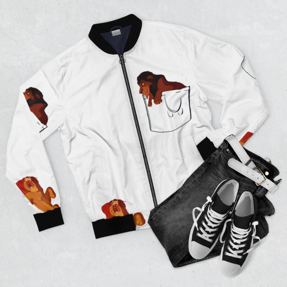 Stylish bomber jacket featuring a lion design, inspired by the Disney character Mufasa - Flat lay