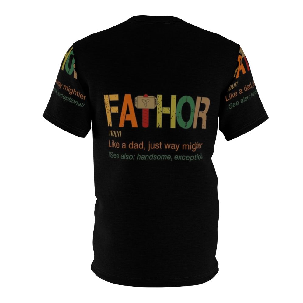 Superhero dad t-shirt with "Fa Thor Like a Dad, Just Way Mightier" design - Back