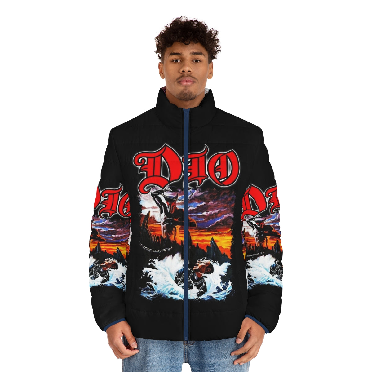 Dio-inspired puffer jacket with heavy metal design - men front