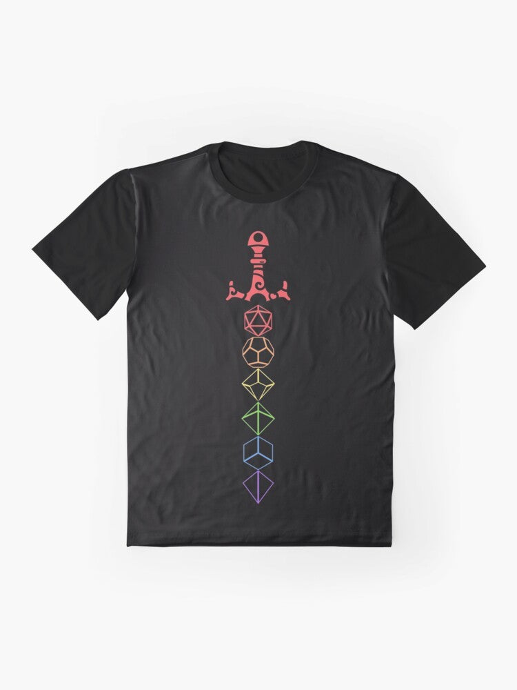 Tabletop RPG Dungeons & Dragons LGBT Pride Graphic T-Shirt featuring rainbow dice and sword - Flat lay