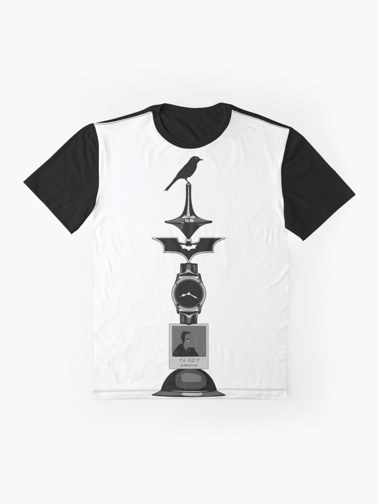 Graphic T-Shirt featuring a black and white sketch illustration of Christopher Nolan's filmography - Flat lay