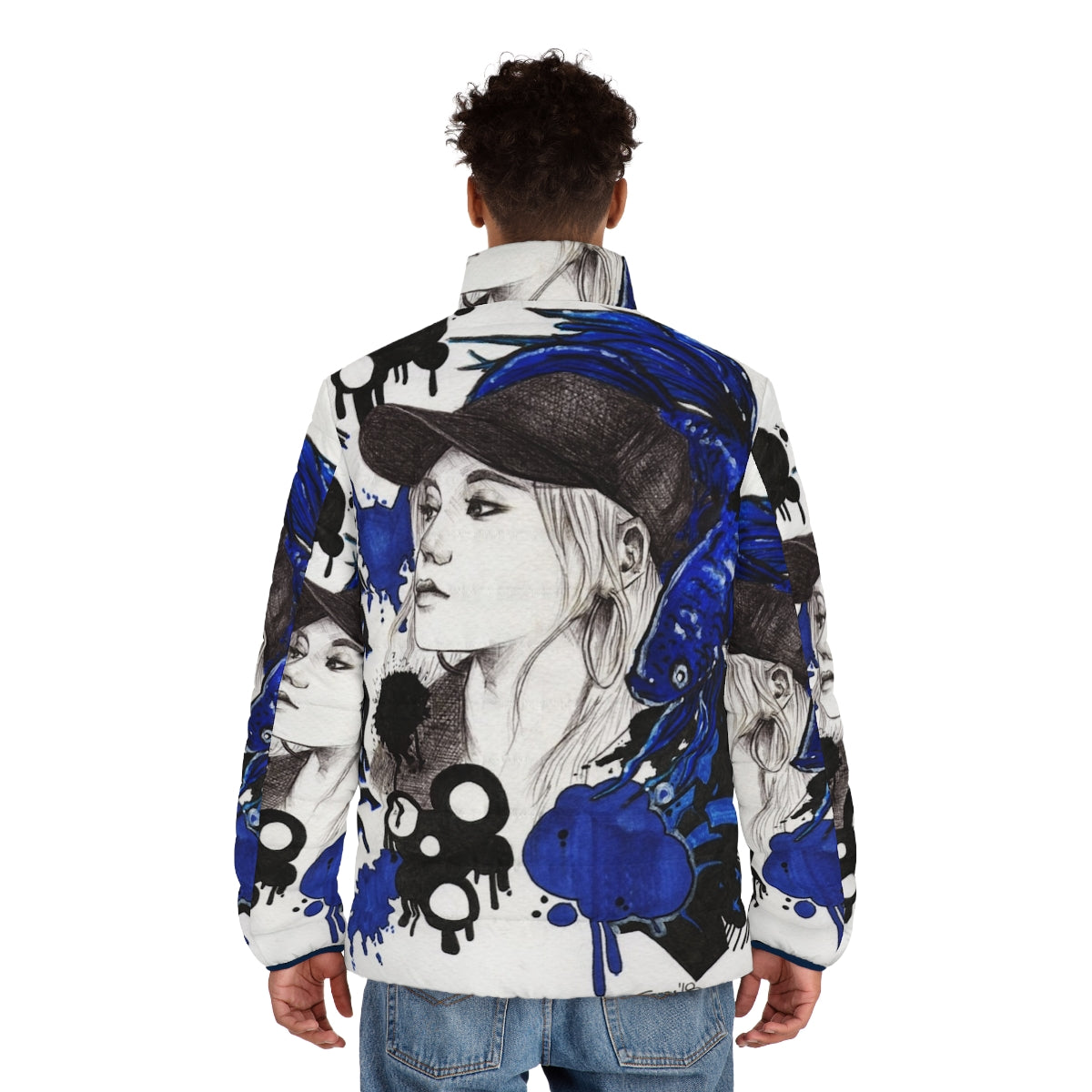 Blue betta puffer jacket with Loona's Jinsoul design - men back