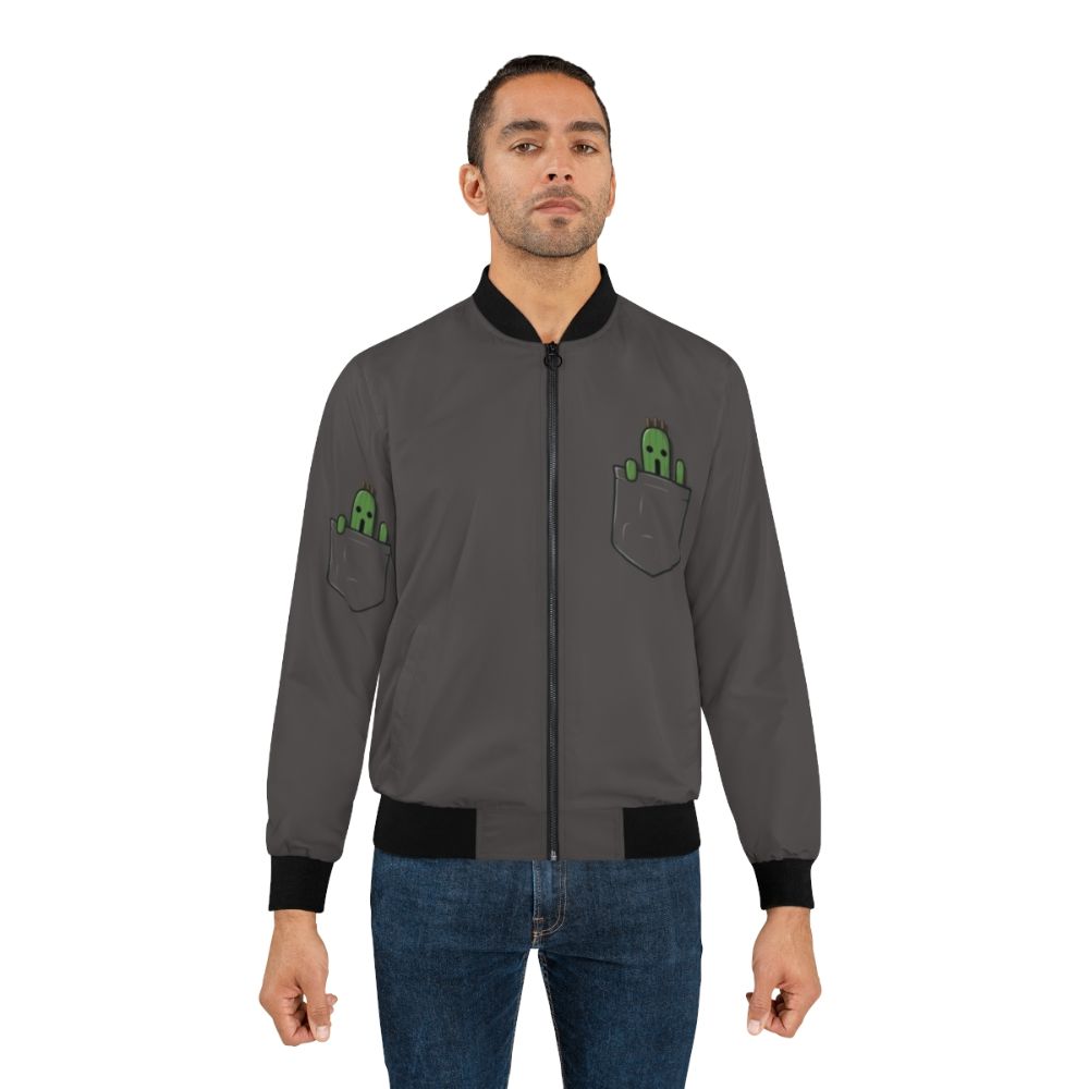 A bomber jacket featuring a cute cactuar design, inspired by the Final Fantasy video game series. - Lifestyle