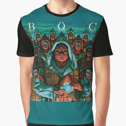 Blue Oyster Cult classic rock band album art graphic on a blue t-shirt