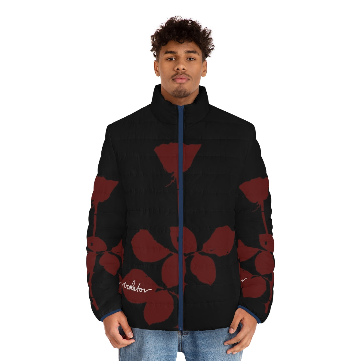 A cozy puffer jacket featuring a rose design, perfect for music lovers and best friends - men front