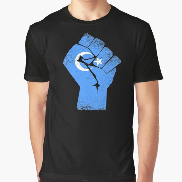 Free the Uyghurs graphic t-shirt with text supporting the Uyghur people and condemning China's human rights abuses.