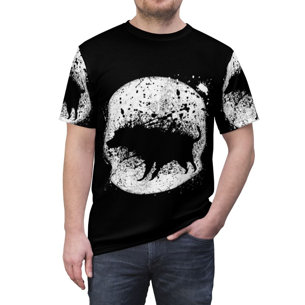 Banksy-inspired AOP t-shirt featuring a splash dog and moon design in a street art style - men front