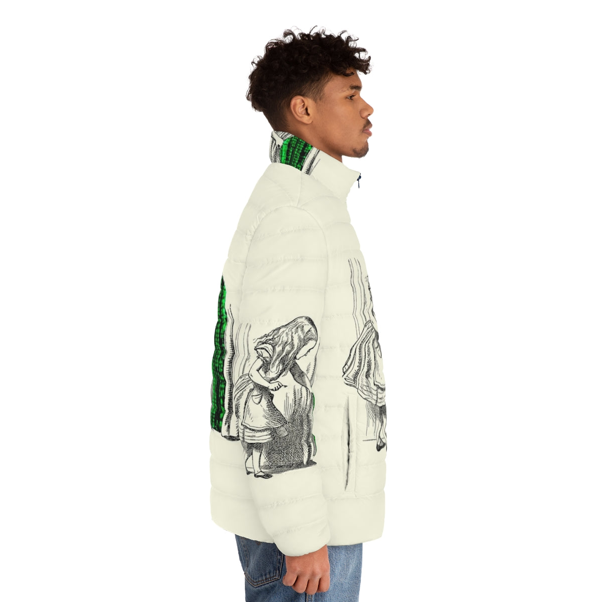 White Rabbit Puffer Jacket inspired by the Alice in Wonderland and The Matrix - men side right