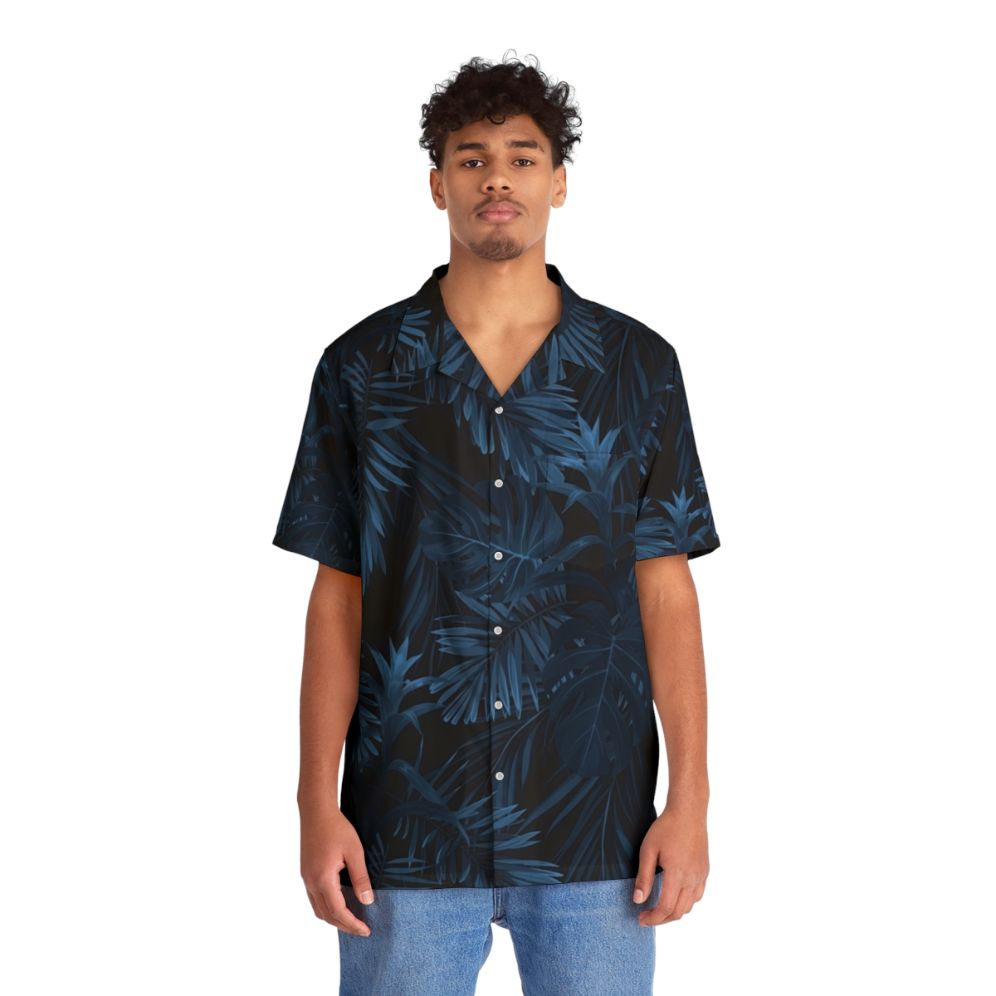 Dark indigo tropical Hawaiian shirt with floral and palm leaf pattern - People Front