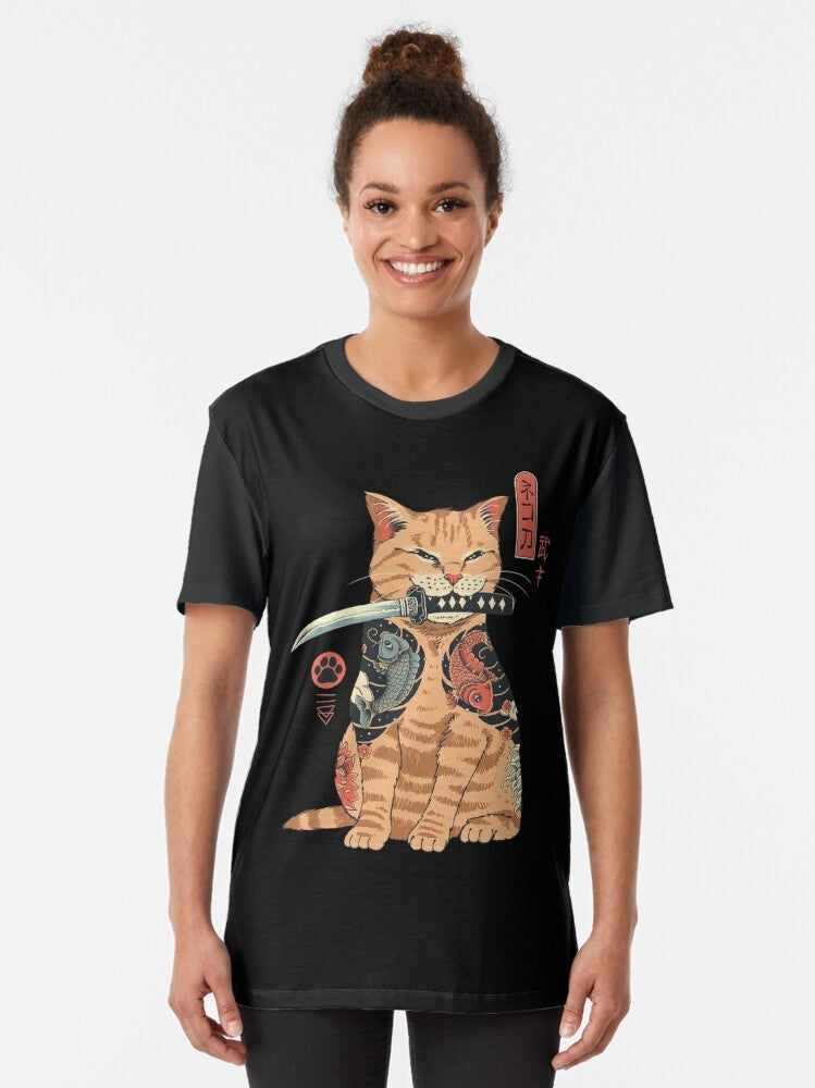 Catana graphic t-shirt with a samurai cat design, featuring Japanese art-inspired elements - Women