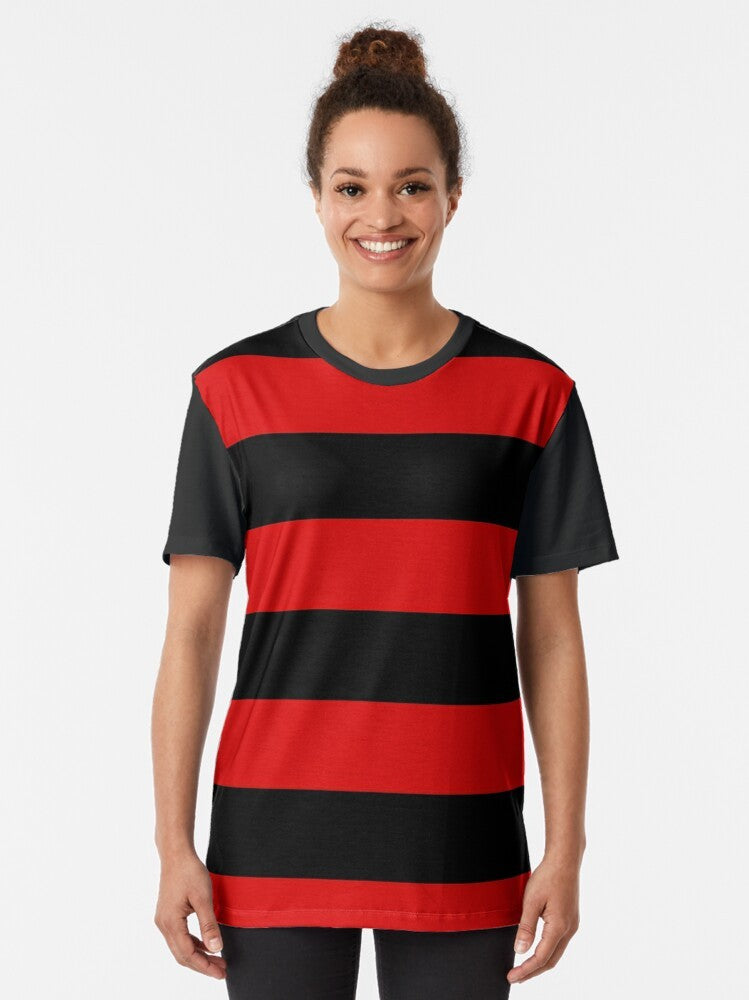 Large horizontal stripes in red and black on a graphic t-shirt - Women