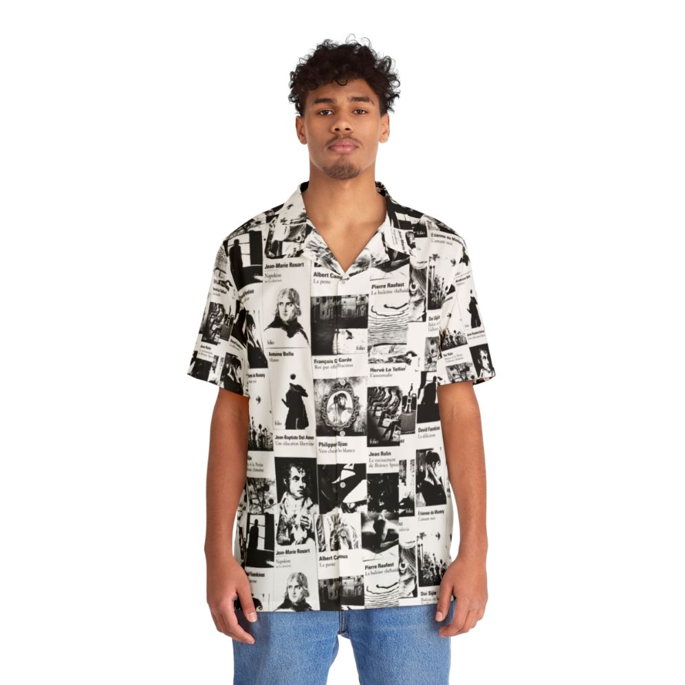 black and white tropical hawaiian button down shirt - People Front