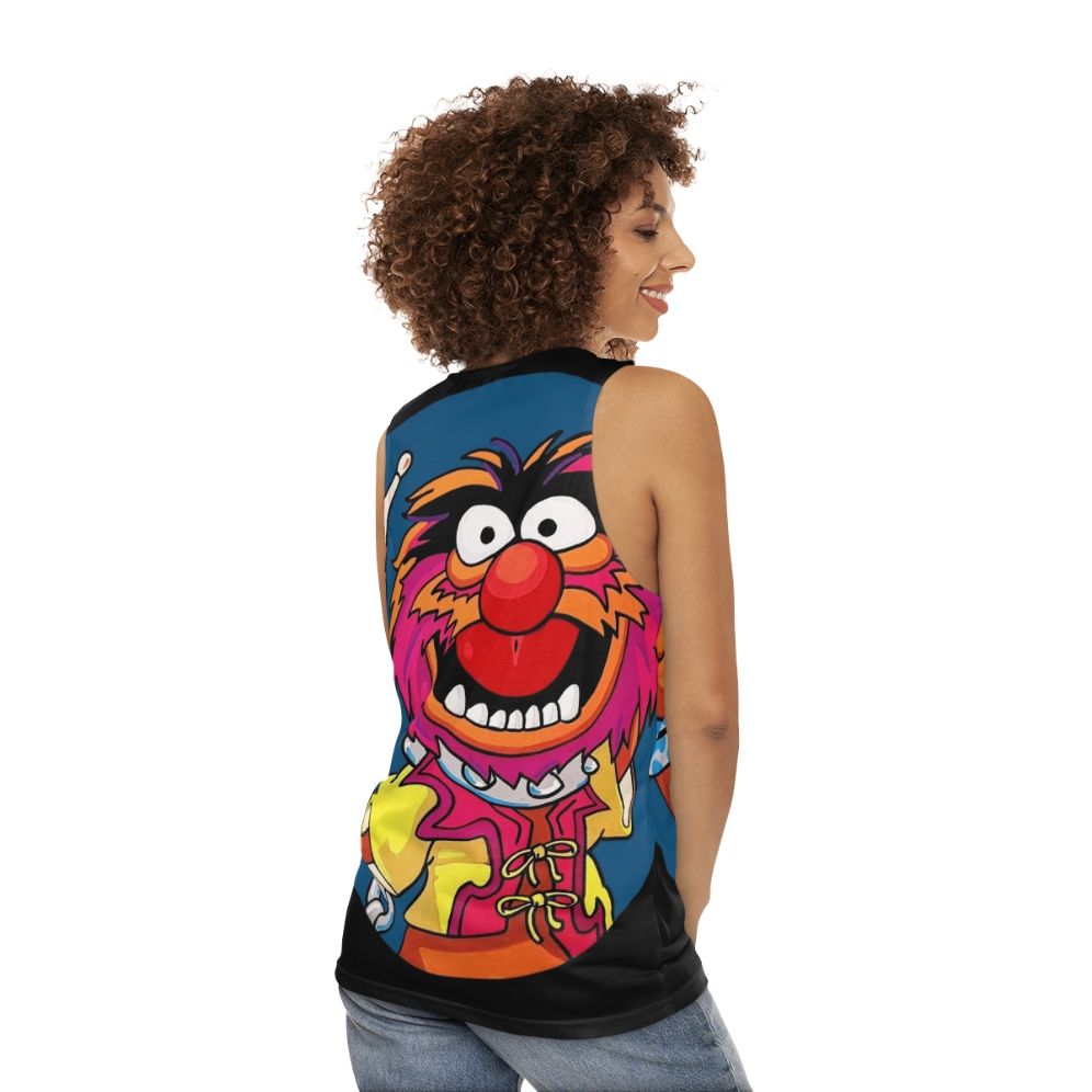 Electric Mayhem drummer playing drums on a unisex tank top - women back