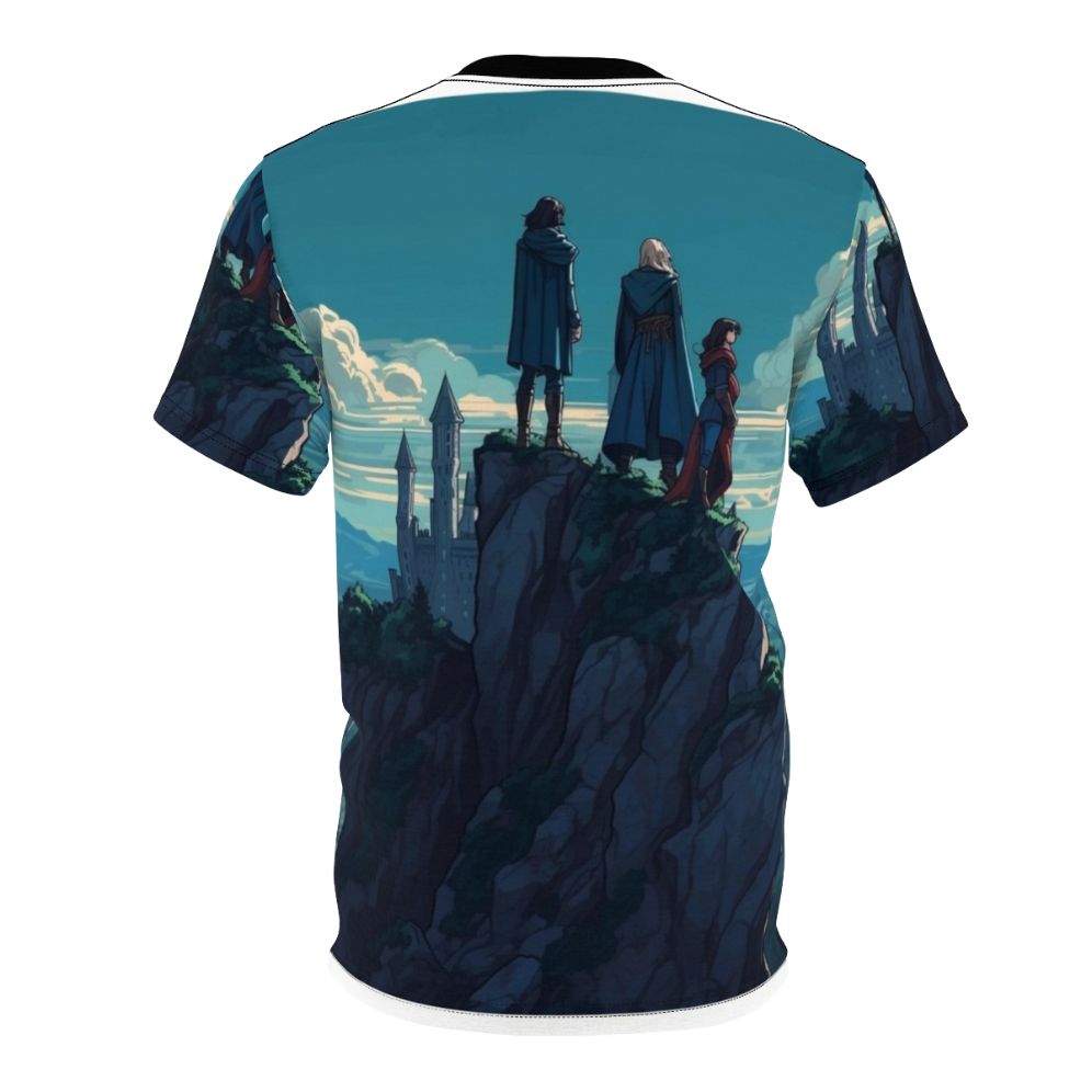 Castlevania-themed t-shirt featuring Trevor, Sypha, and Alucard characters in a nature-inspired all-over print design. - Back