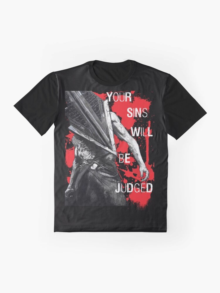 "Your Sins Will Be Judged...Again" horror-themed graphic t-shirt with scary pyramid, head, and hill imagery - Flat lay