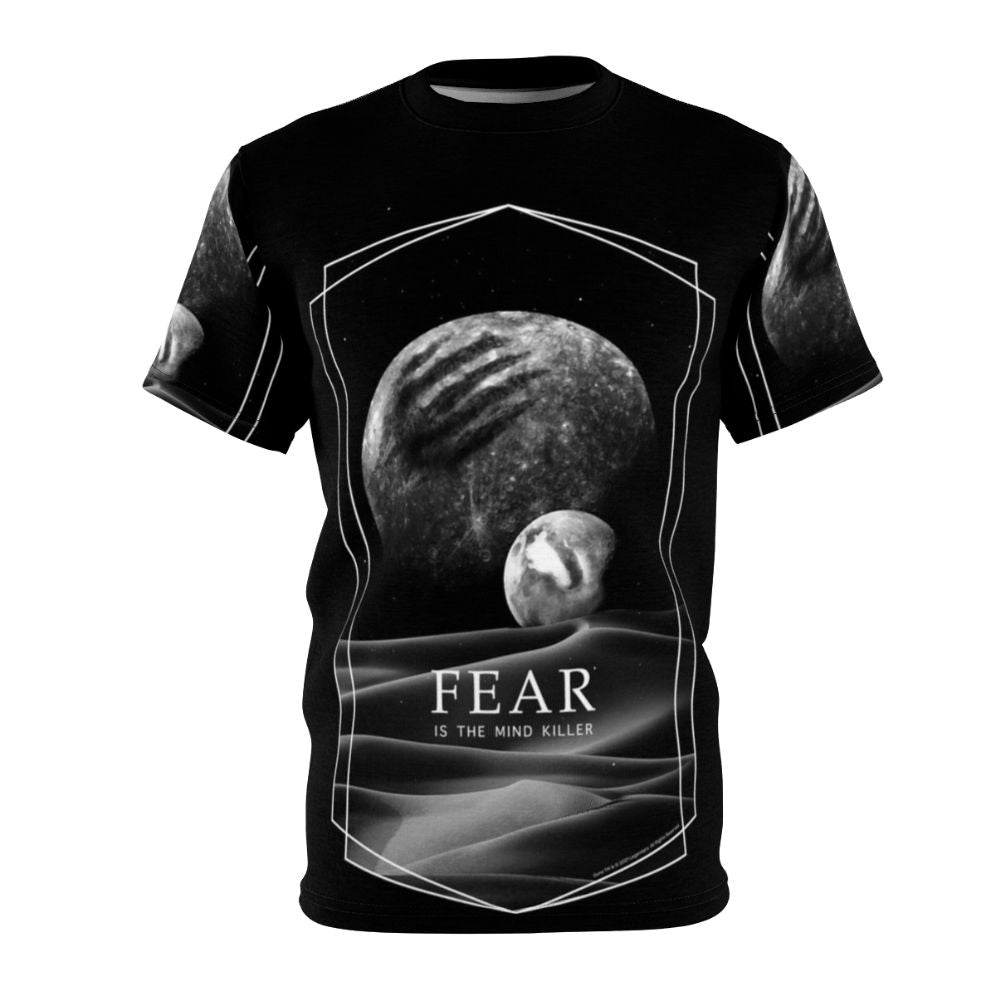 Dune inspired AOP T-shirt featuring the iconic "Fear is the mind killer" quote from the Dune franchise.