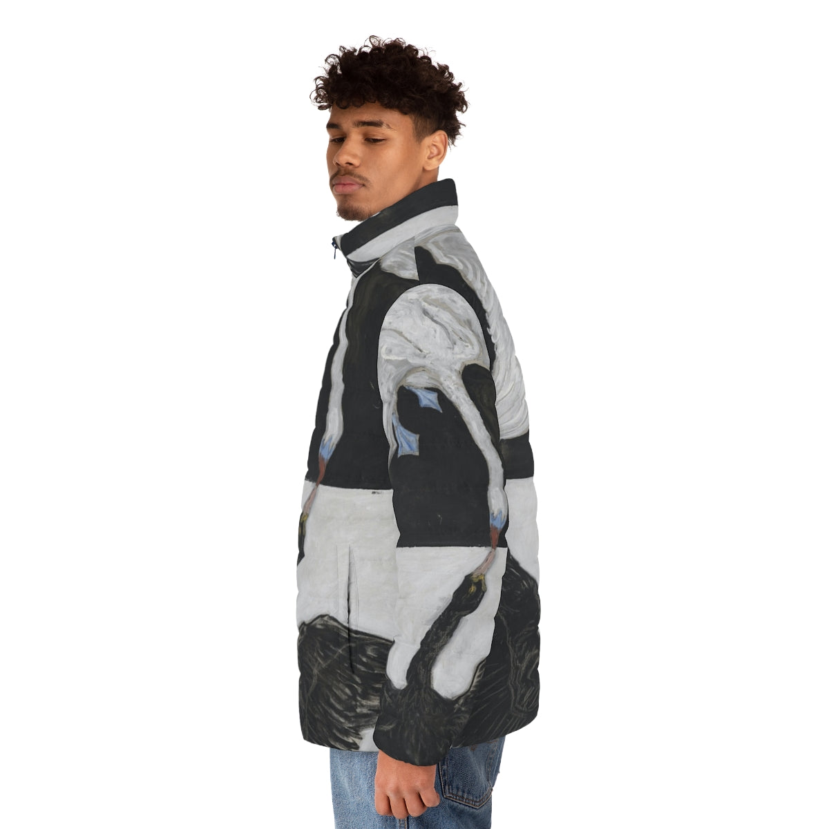 Black and white swan puffer jacket with Hilma Af Klint inspired graphic design - men side left