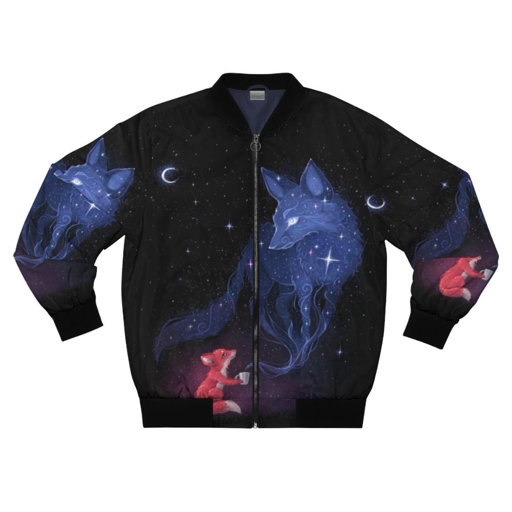 Celestial bomber jacket featuring a cute animal design with stars, moon, and cosmic elements