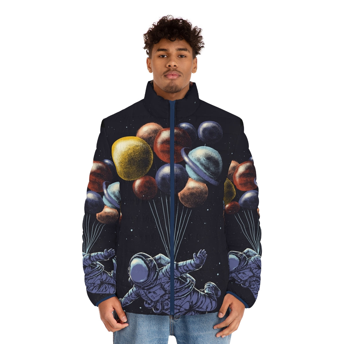 Astronaut in a colorful space travel puffer jacket floating among planets and stars - men front