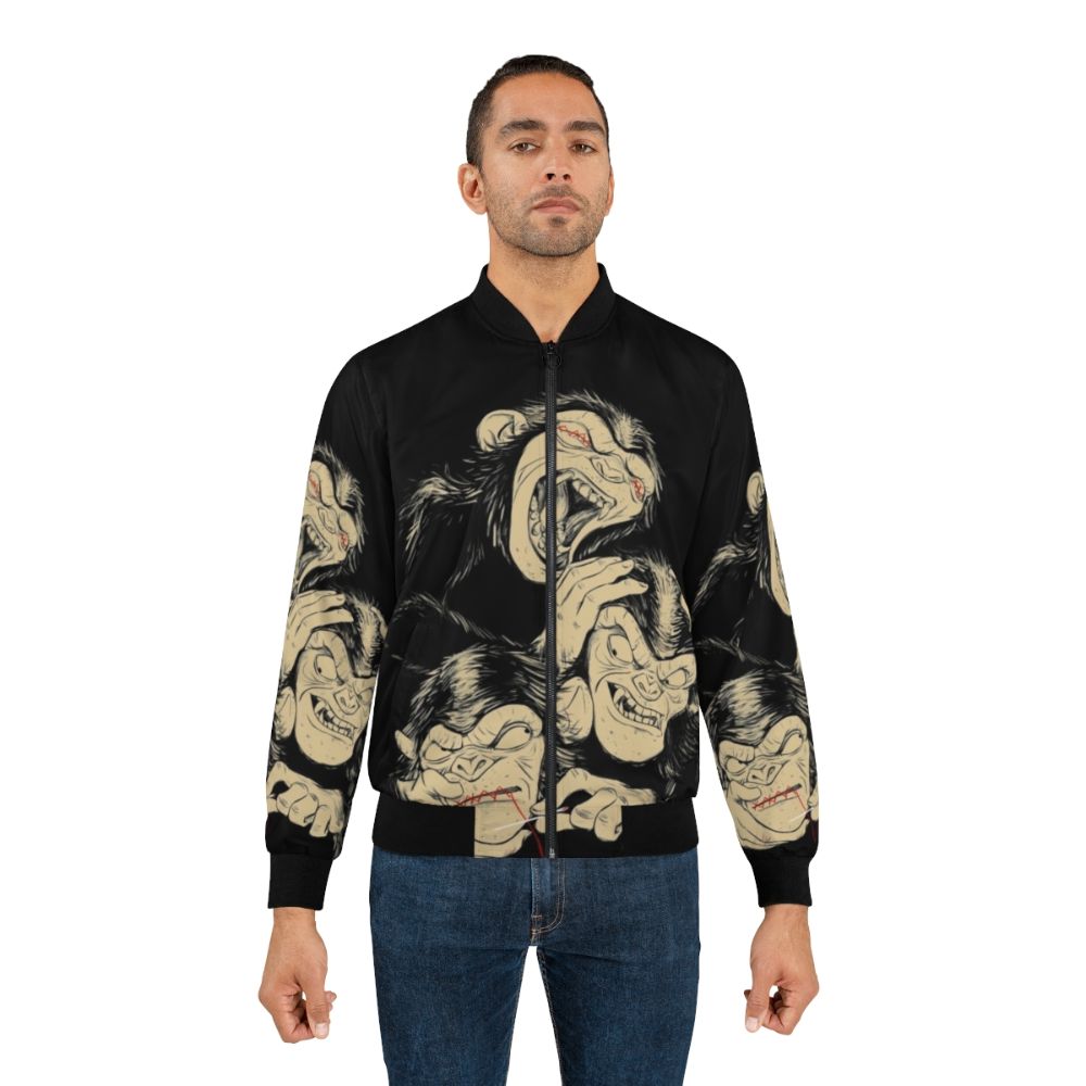 Three Wise Monkeys Bomber Jacket featuring the iconic "see no evil, hear no evil, speak no evil" imagery - Lifestyle