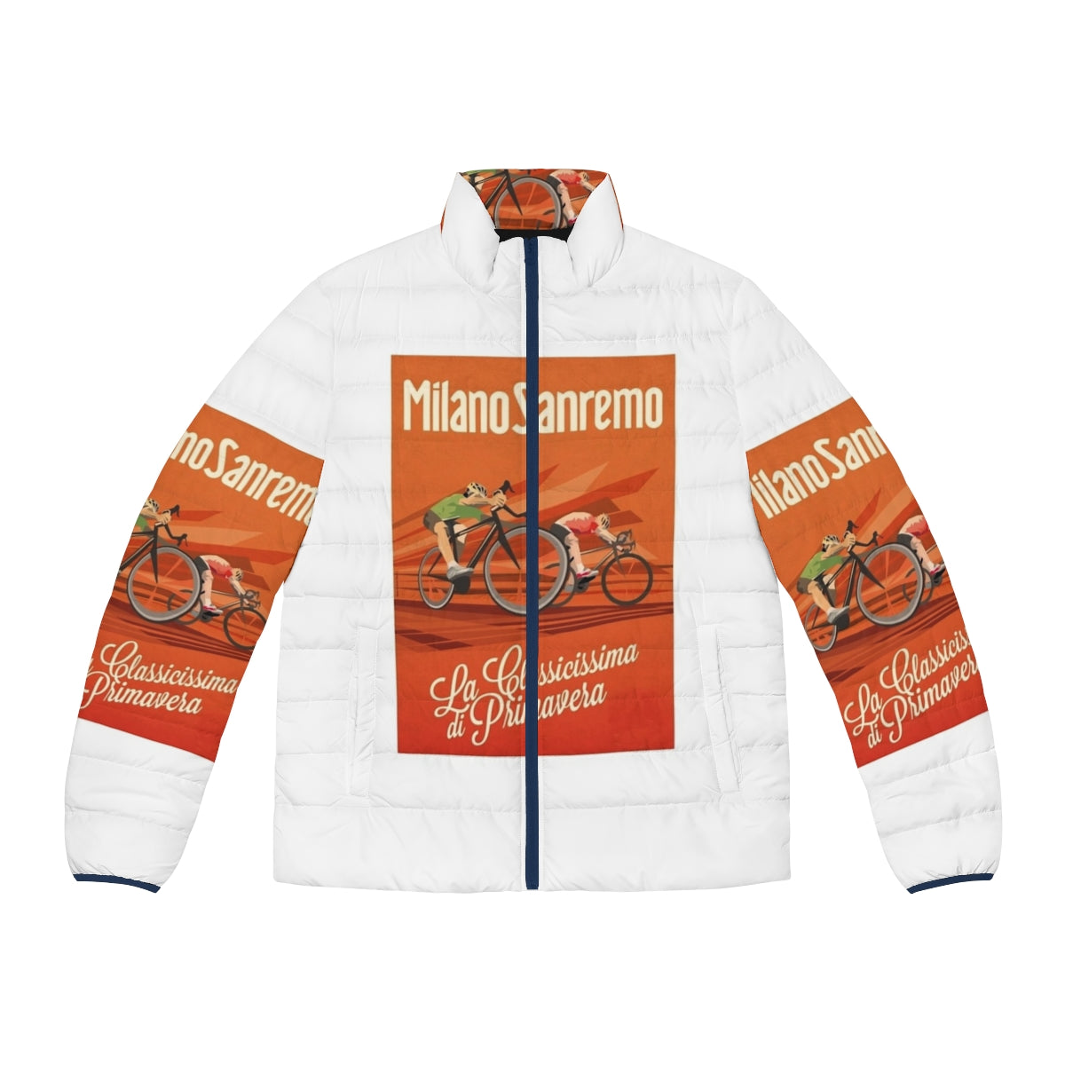 Retro Milan San Remo cycling puffer jacket with vintage cycling design