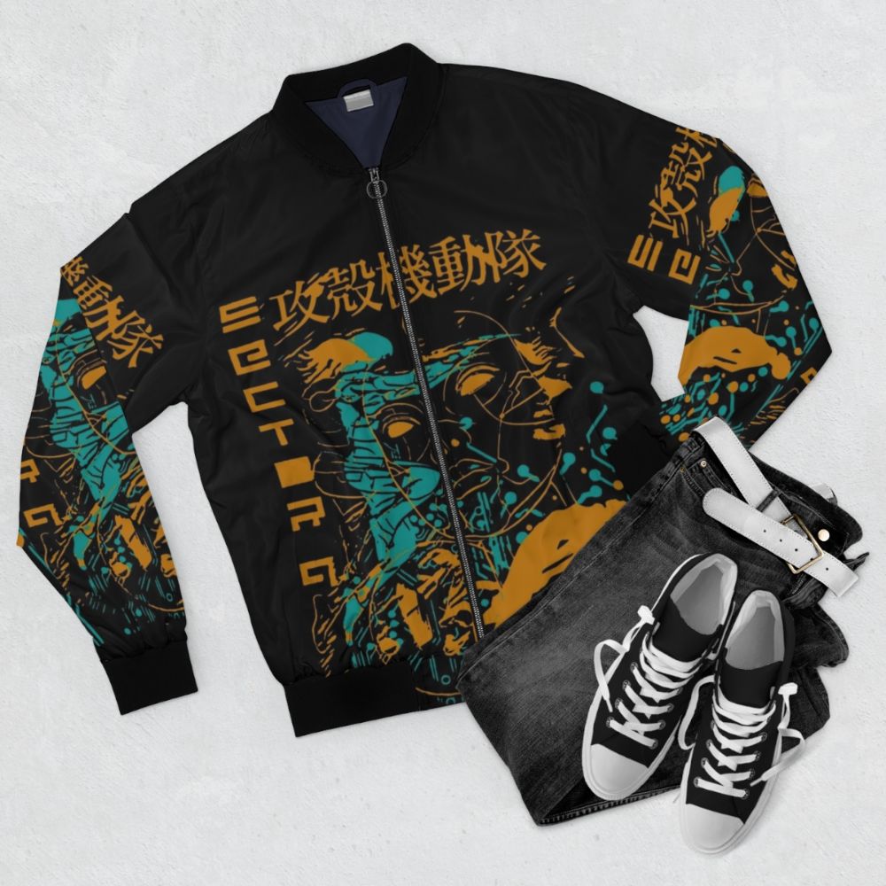 Retro vintage Ghost in the Shell cyberpunk bomber jacket featuring classic anime and manga imagery - Flat lay