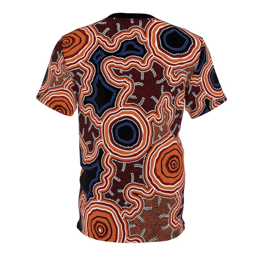 Authentic Aboriginal dot art painting depicting pathways to water on a high-quality t-shirt - Back