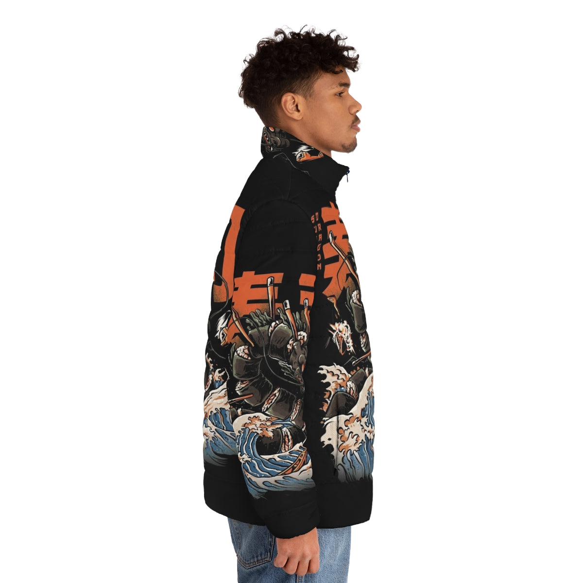 Black puffer jacket with sushi dragon graphic design - men side right