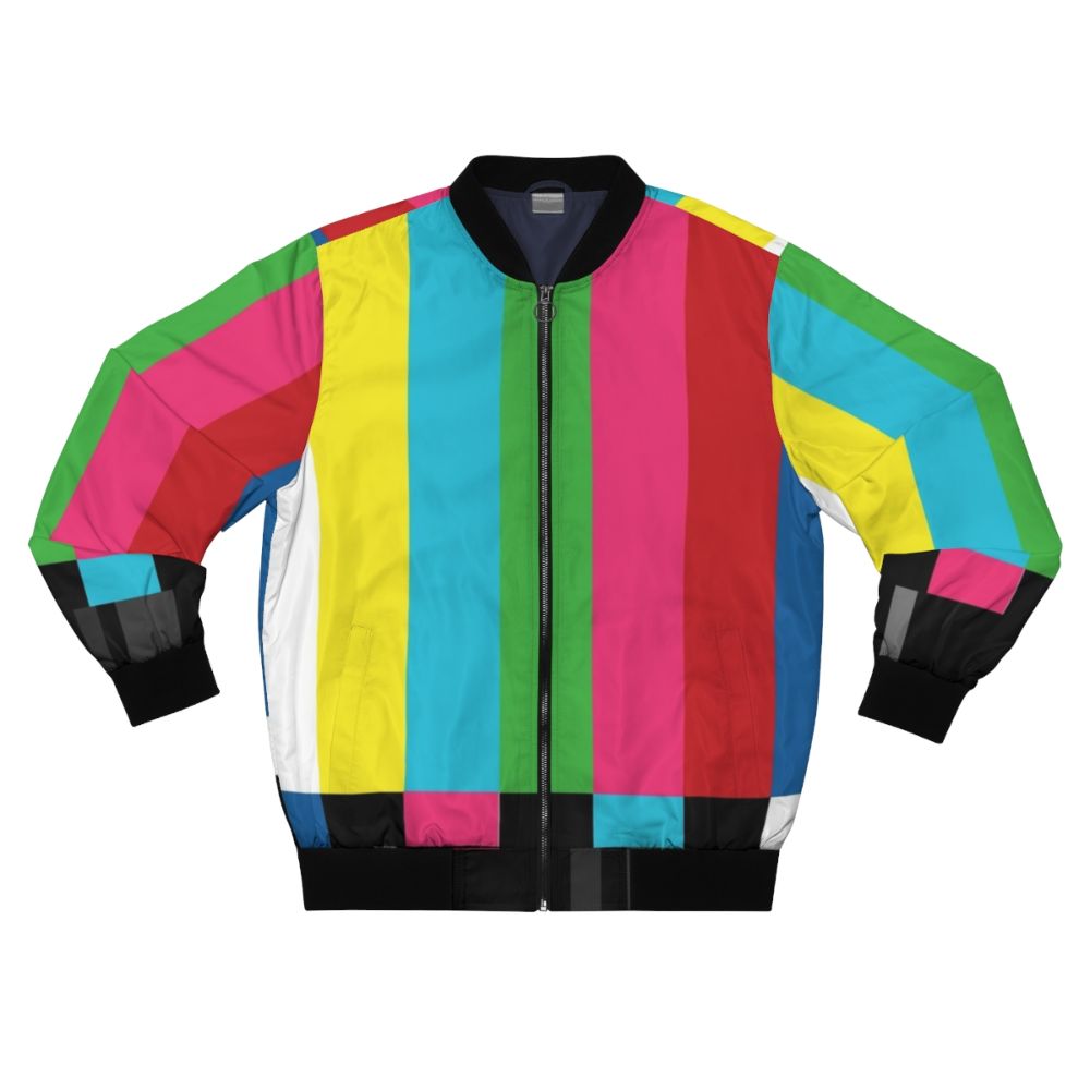 Bomber jacket with a retro TV color bars pattern design