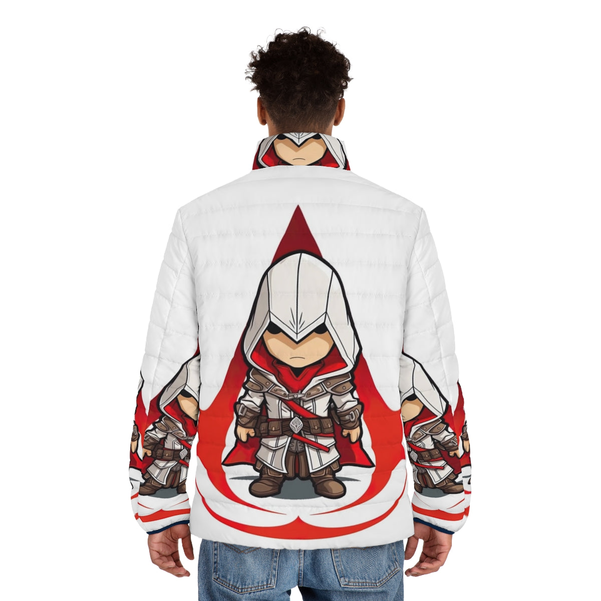 Assassin's Creed inspired chibi puffer jacket featuring the game's iconic logo - men back