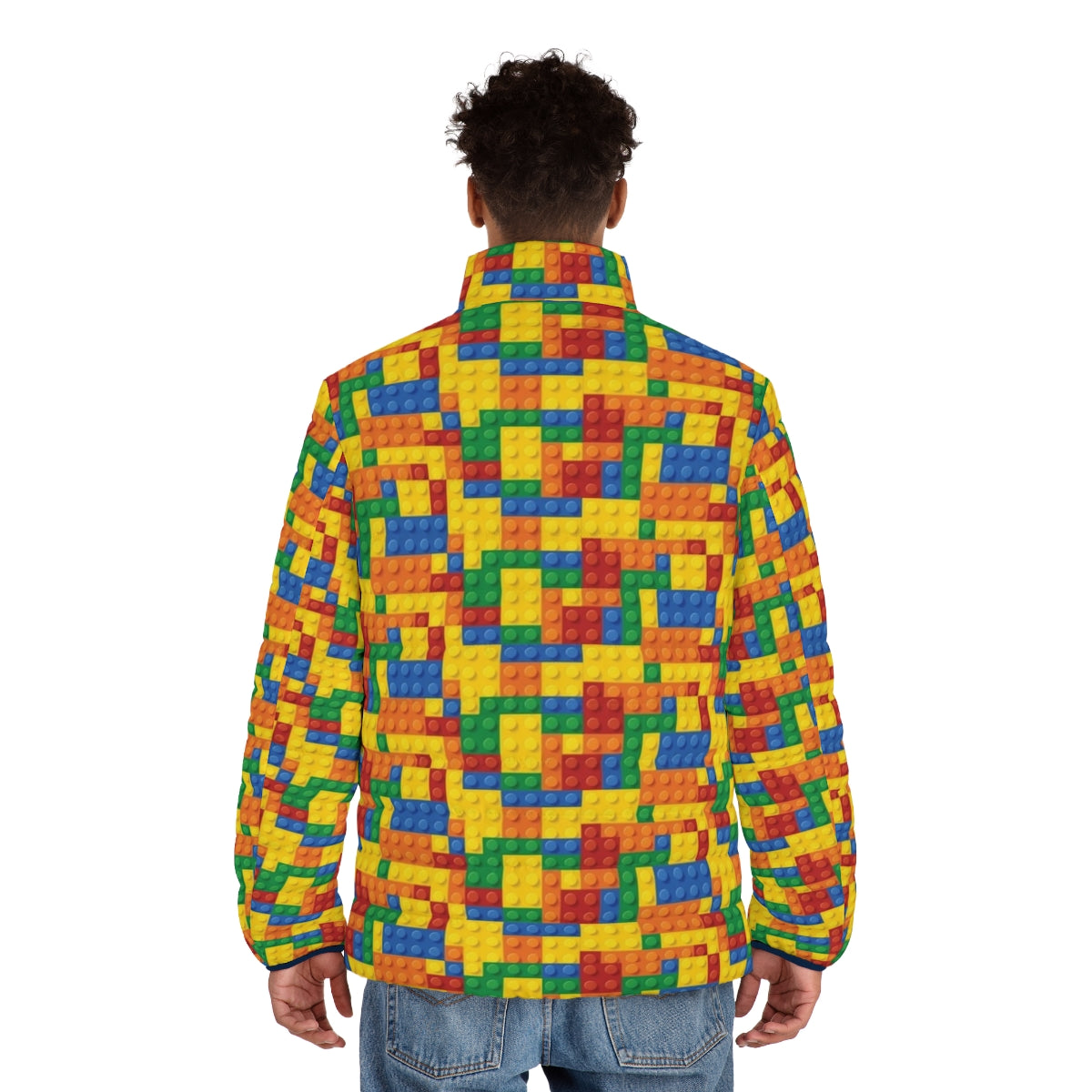 Vibrant puffer jacket featuring a lego block pattern design - men back