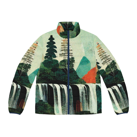 Waterfall artwork puffer jacket with a collage of beautiful waterfalls and nature scenery