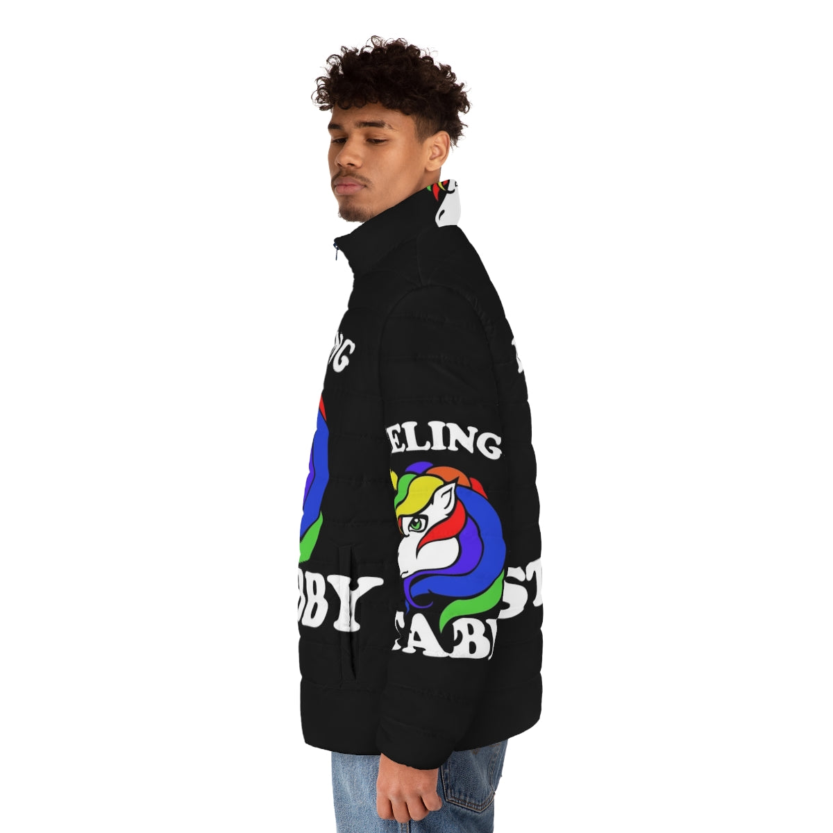 Feeling Stabby Unicorn Puffer Jacket featuring a vibrant rainbow design and legendary animal graphics - men side left