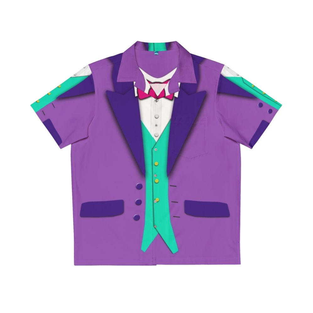 Formal purple Hawaiian shirt with tuxedo bowtie and vest