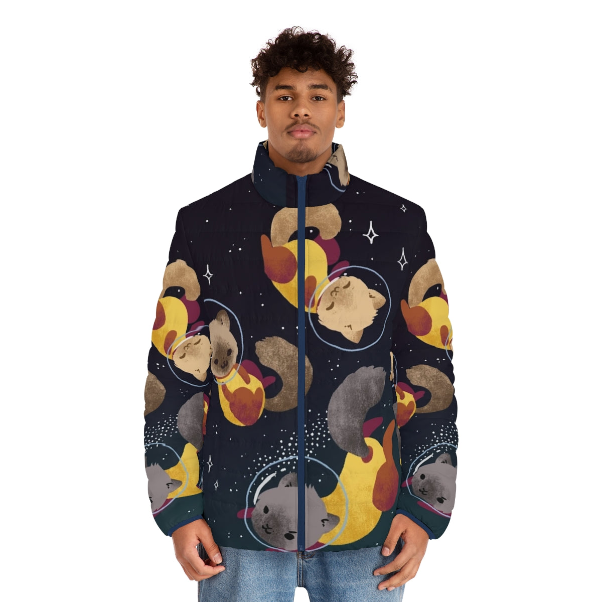 Space Cats Puffer Jacket featuring a digital illustration of adorable cats in a cosmic setting - men front