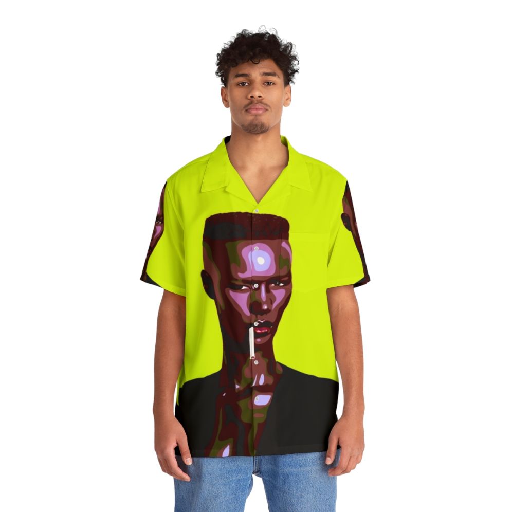 Stylized warm leatherette Hawaiian shirt with 80s music icon - People Front