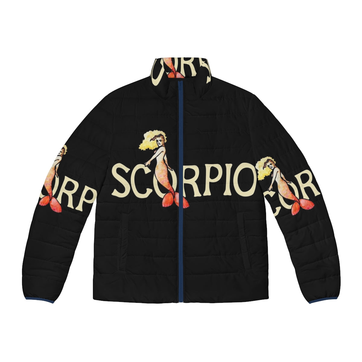 Scorpio mermaid puffer jacket with zodiac and mermaid design