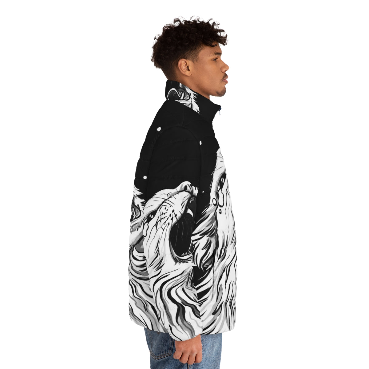 Thurston the screaming cat printed on a black puffer jacket - men side right