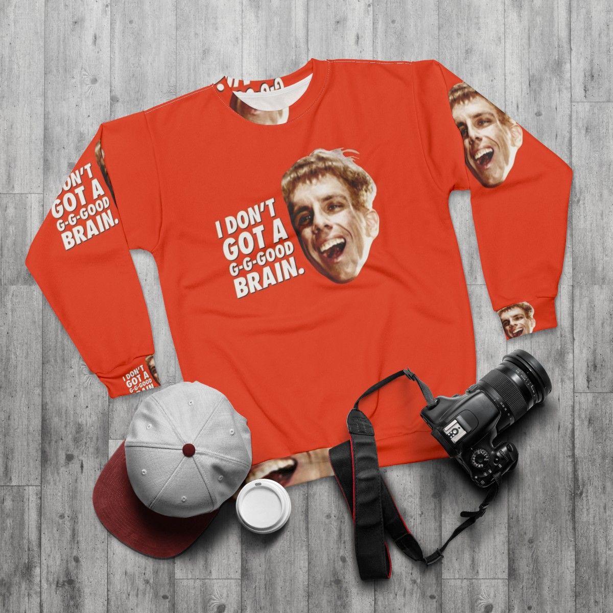 "I Don't Got a Good Brain" Funny Sweatshirt featuring Simple Jack, Zoolander, and Lincoln Osiris - flat lay