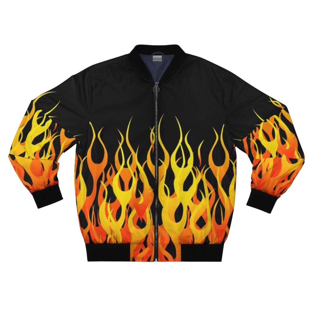 Blazing Racing Flames Bomber Jacket with Realistic Car Racing Design