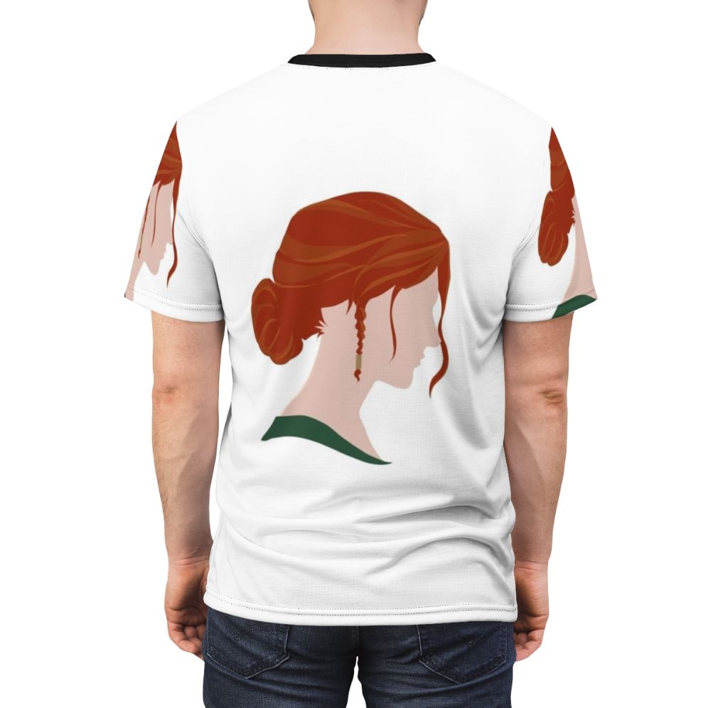 A high-quality all-over print t-shirt featuring the character Triss Merigold from the fantasy video game series The Witcher. - men back