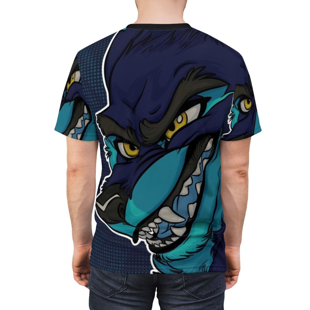 Fierce and commanding blue furry wolf anthro character design on a t-shirt - men back