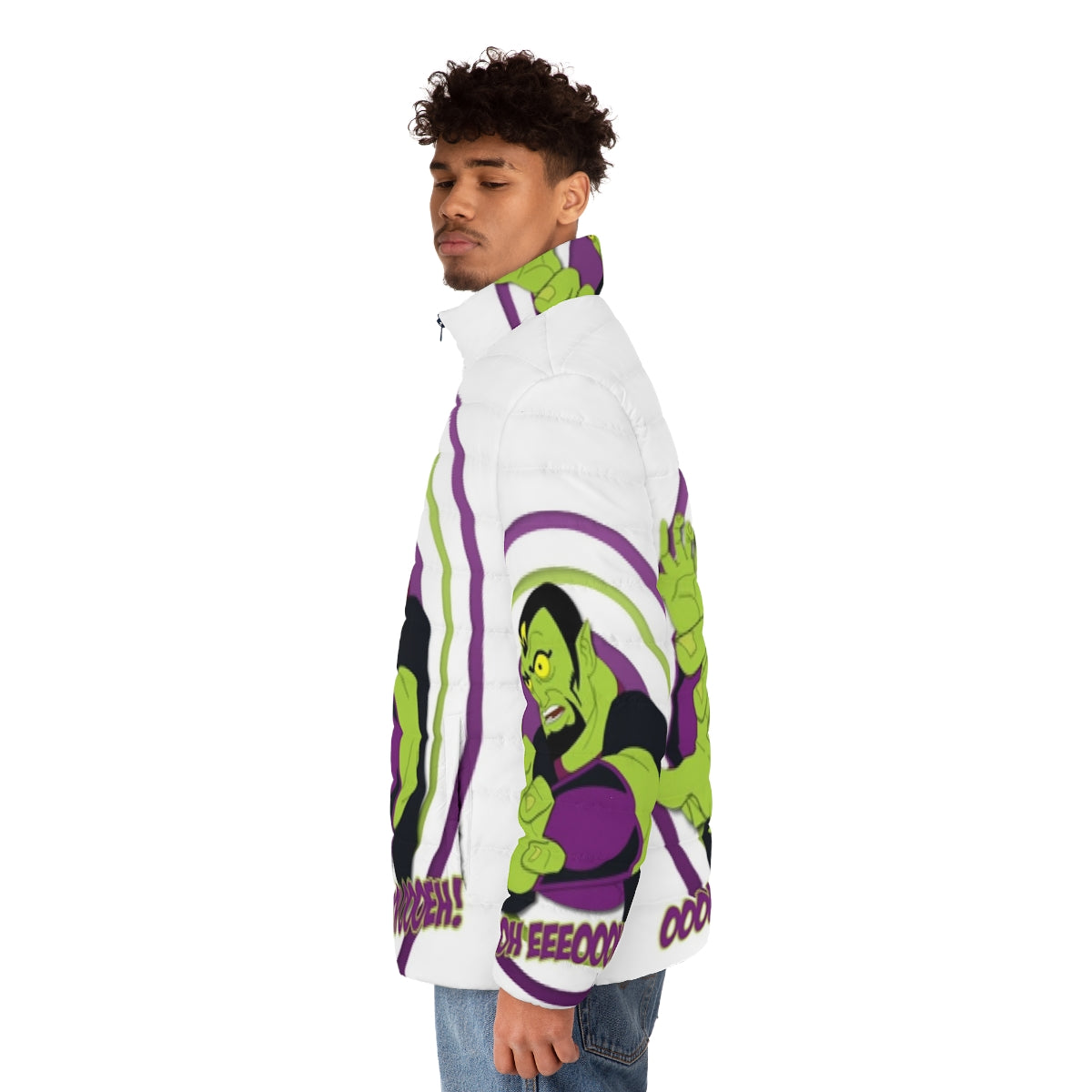 Man wearing a puffer jacket with Adult Swim cartoon characters - men side left