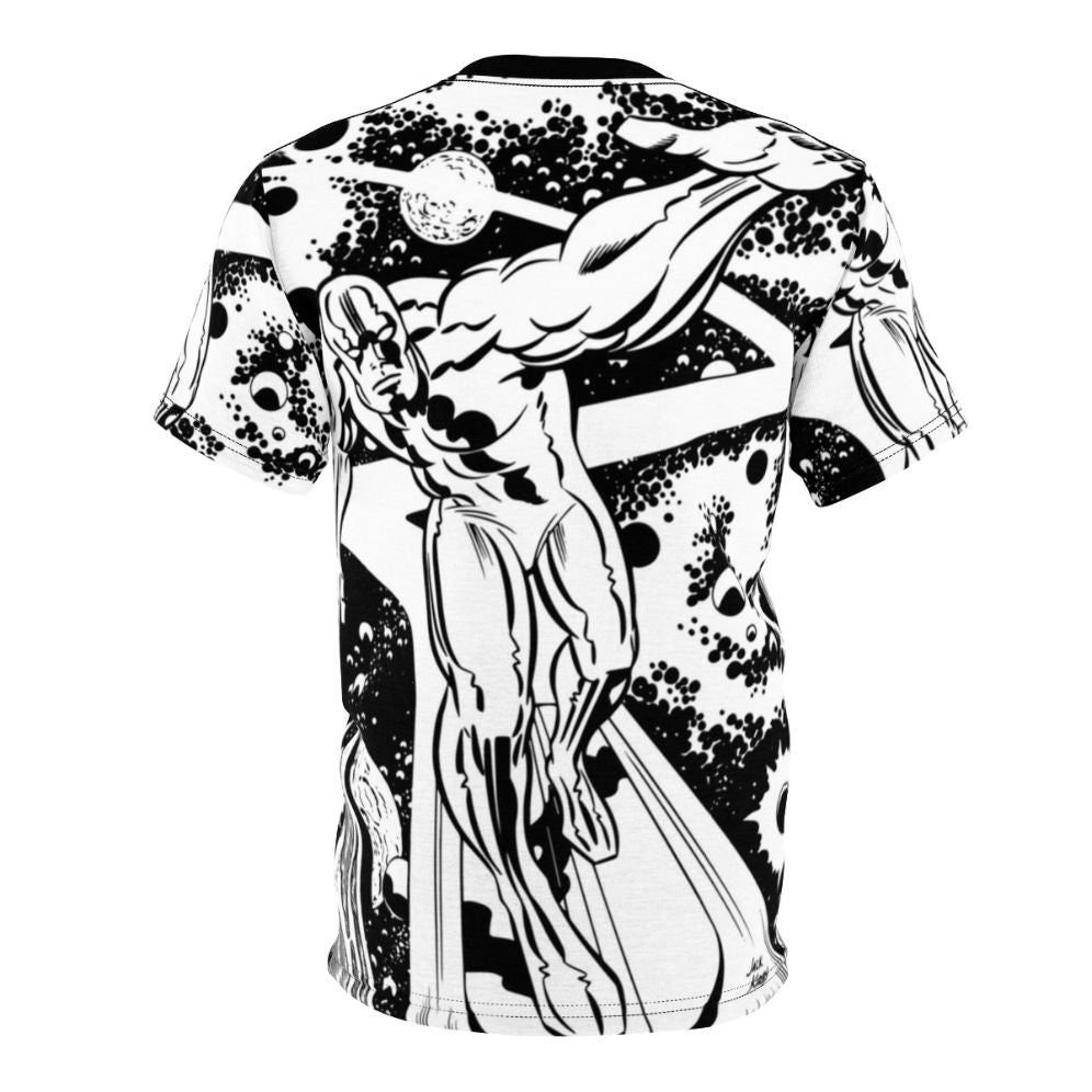 Artistic silver surfer character in black and white graphic design for a t-shirt - Back