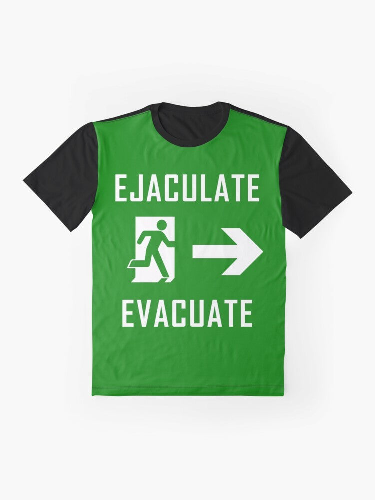 Funny "Ejaculate and Evacuate" graphic design on a green t-shirt - Flat lay