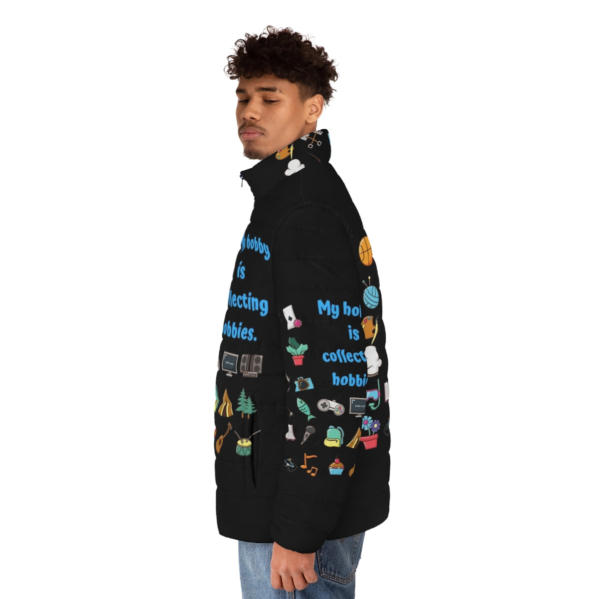 "My Hobby Is Collecting Hobbies" puffer jacket with various hobby icons - men side left