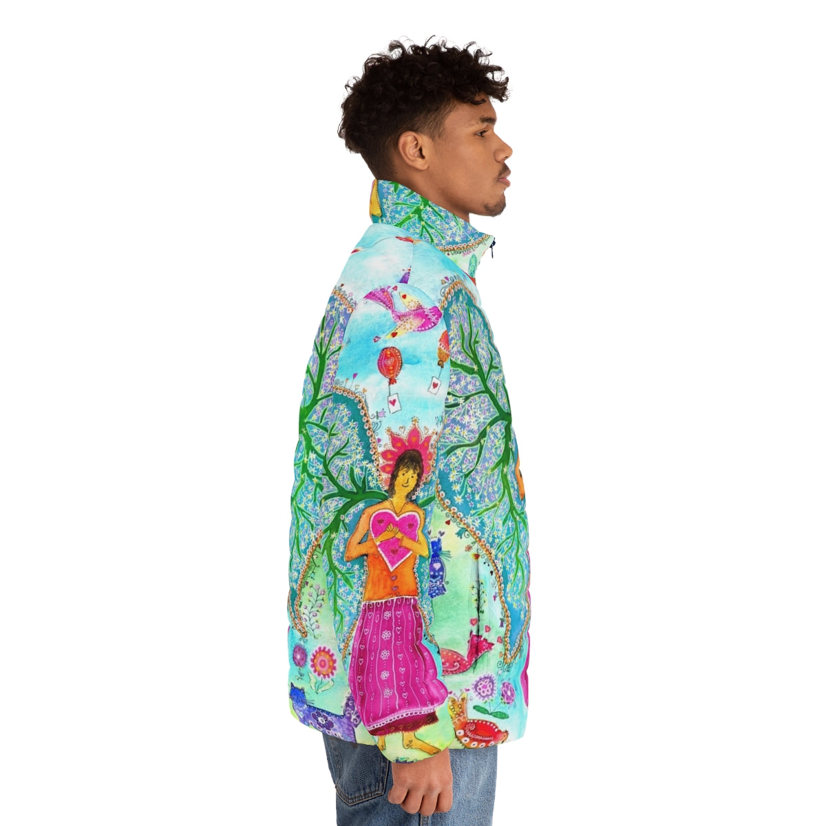 An angel-themed puffer jacket with a design featuring lungs, wings, and nature elements. - men side right