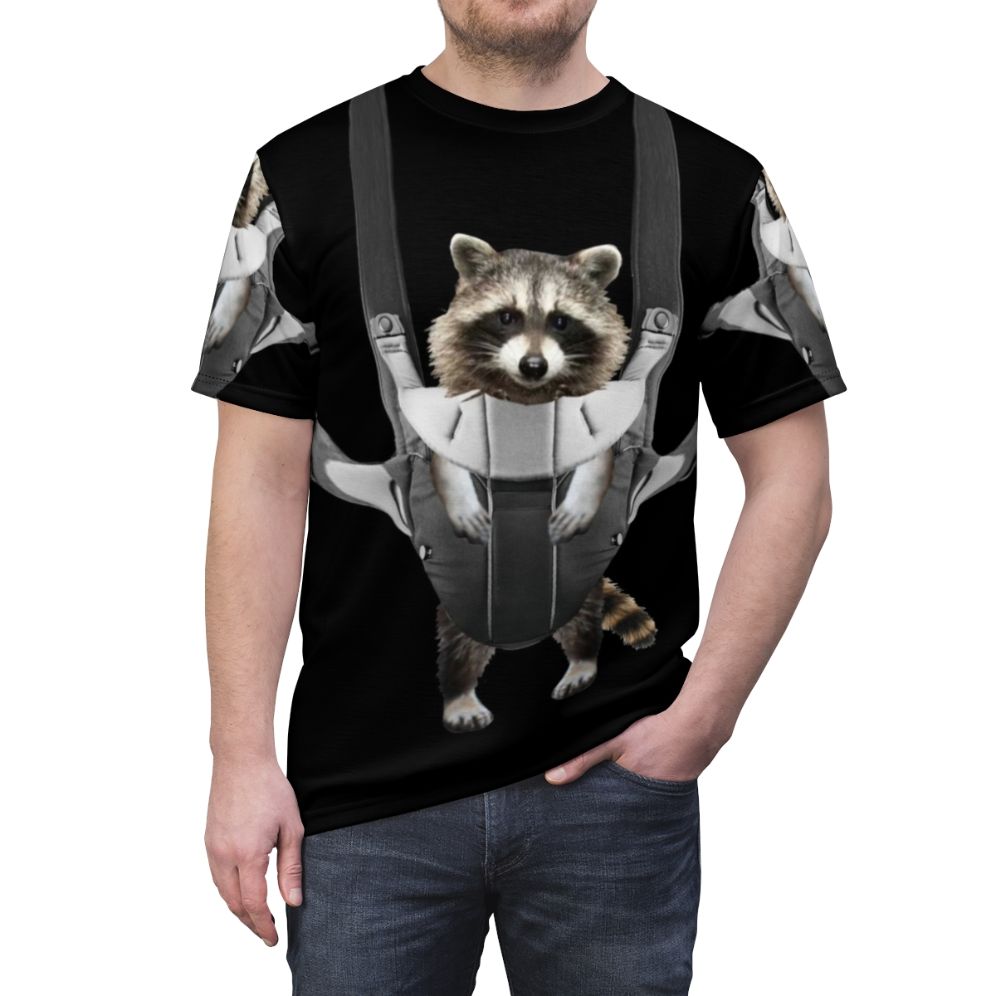 Adorable Raccoon Whisperer T-shirt featuring a cute raccoon in a baby carrier or sling - men front